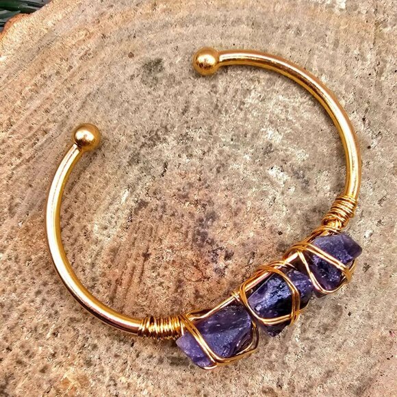 Nature Amethyst Polished Stone Wire Wrapped Cuff Bangle - Picture 4 of 10